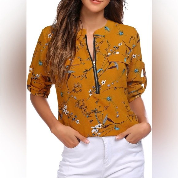 Women's Floral Chiffon Blouse 3/4 Sleeve V
Neck Yellow Zipper Top - Picture 3 of 6
